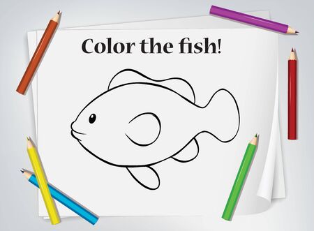 Children fish coloring worksheet illustrationのイラスト素材