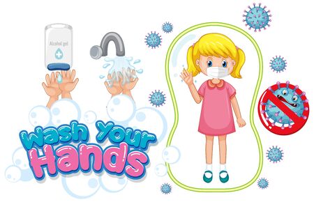 Wash your hands poster design with girl wearing maskのイラスト素材