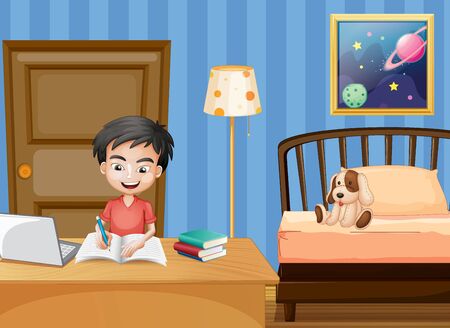 Scene with boy writing in bedroomのイラスト素材