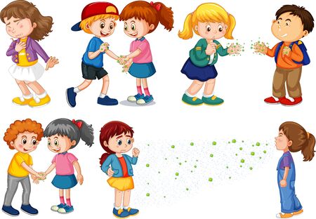 Large set of children spreading virus from touching and talkingのイラスト素材