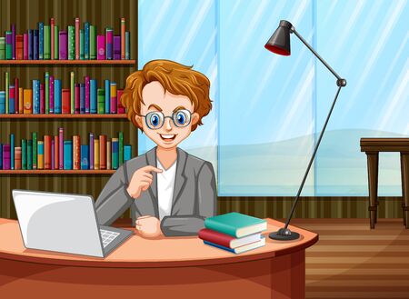 Scene with man working on computer at homeのイラスト素材