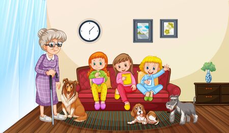 Scene with people staying at home with family illustrationのイラスト素材
