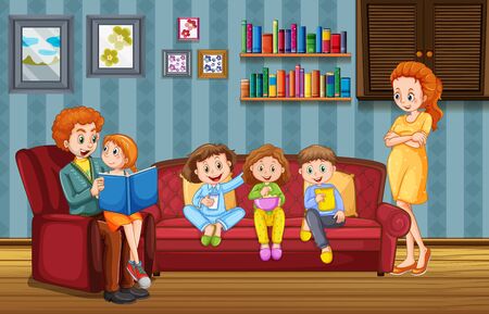 Scene with family having a good time at home illustrationのイラスト素材