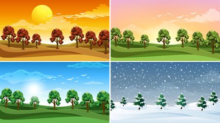 Four background scenes with trees in the fields illustrationのイラスト素材