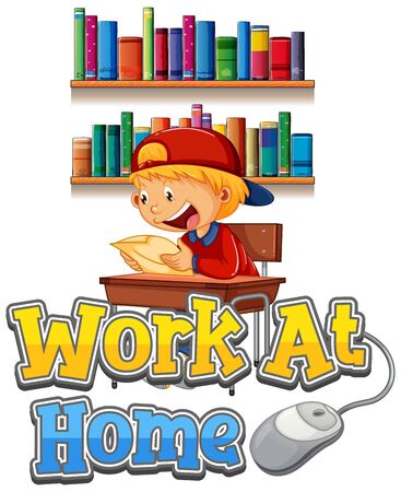 Font design for work from home with boy doing homework illustrationのイラスト素材