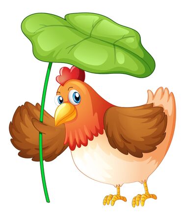 Chicken holding green leaf on white background illustrationのイラスト素材