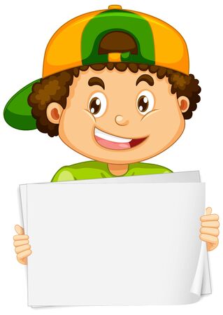 Blank sign template with cute boy on white background illustrationのイラスト素材