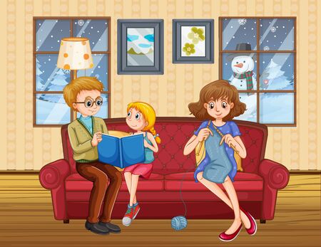Happy family stay at home during winter illustrationのイラスト素材