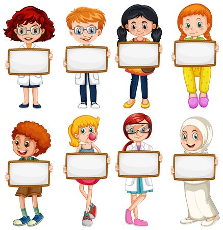 Blank sign template with happy children on white background illustrationのイラスト素材