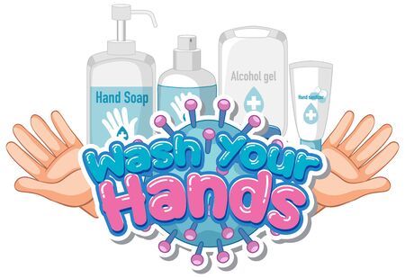 Font design for word wash your hands with soap and clean hands illustrationのイラスト素材