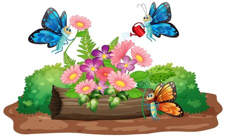 Scene with butterflies flying in the garden illustrationのイラスト素材