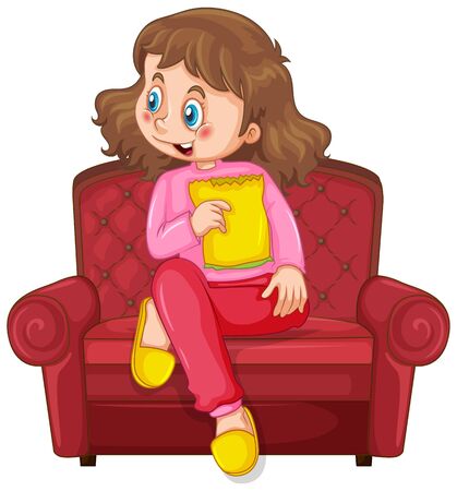 Little girl on the sofa eating snack on white background illustrationのイラスト素材