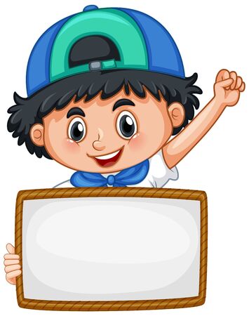 Blank sign template with cute boy on white background illustrationのイラスト素材