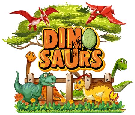 Font design for word dinosaurs with many dinosaurs in the park illustrationのイラスト素材