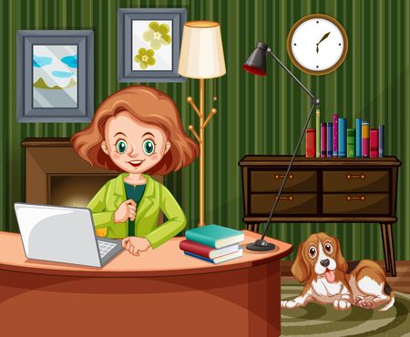 Scene with woman working on computer at home illustrationのイラスト素材