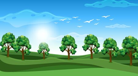Scene with many trees in the field illustrationのイラスト素材