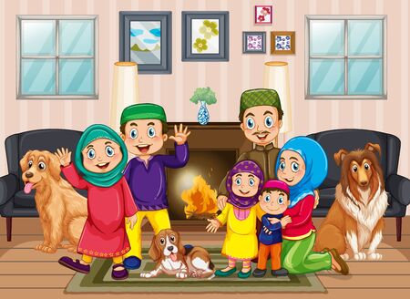 Scene with people staying at home with family illustrationのイラスト素材