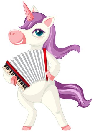 Cute purple unicorn in playing accordion position on white background illustrationのイラスト素材