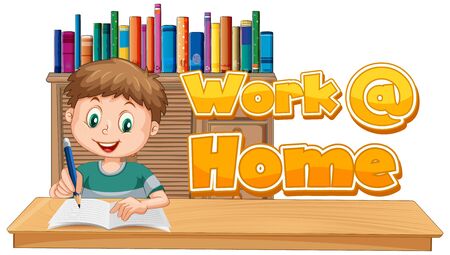 A boy with work at home text sign illustrationのイラスト素材