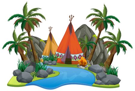 Scene with teepee by the river on white background illustrationのイラスト素材