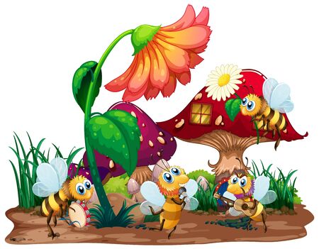 Bee musical band playing in front of fairy mushroom house illustrationのイラスト素材