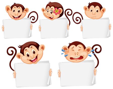 Blank sign template with happy monkeys on white background illustrationのイラスト素材