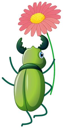 Green beetle holding flower on white background illustrationのイラスト素材