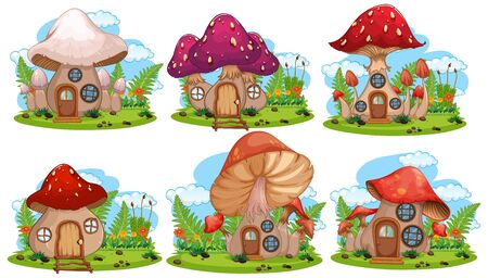 Set of isolated mushroom fairy house illustrationのイラスト素材