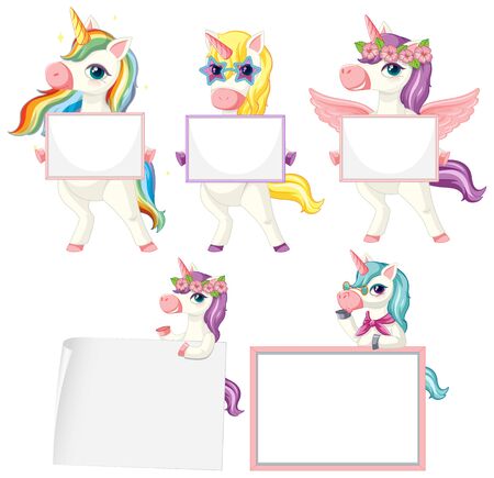 Set of unicorn holding blank banner illustrationのイラスト素材