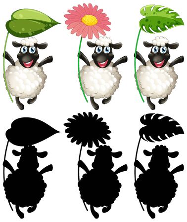 Happy sheep holding leaf and flower set illustrationのイラスト素材