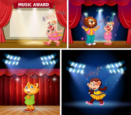 Set of animal kids on stage illustrationのイラスト素材