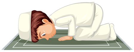 Arab muslim boy praying in traditional clothing isolated on white background illustrationのイラスト素材