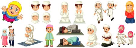 Set of different muslim people cartoon character isolated on white background illustrationのイラスト素材