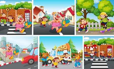 Set of animal children with city background illustrationのイラスト素材