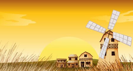 Windmill in yellow farm scene background illustrationのイラスト素材