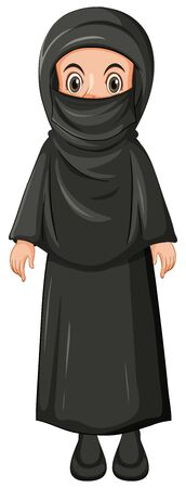 Arab muslim girl in black color traditional clothing in standing position isolated on white background illustrationのイラスト素材