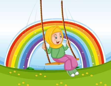 Arab muslim girl in traditional clothing playing swing with rainbow background illustrationのイラスト素材