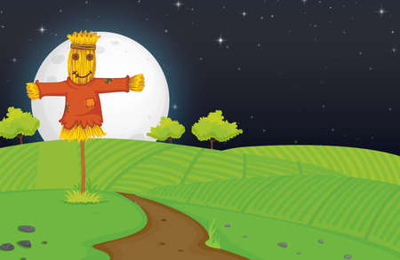 Farm scene with scarerow and big moon at night illustrationのイラスト素材