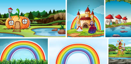 Six different scene of fantasy world with fantasy places and fantasy characters illustrationのイラスト素材