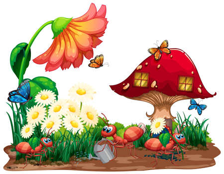 Garden scene with many insects on background illustrationのイラスト素材