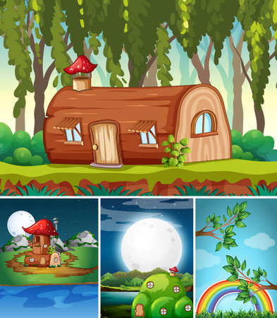 Four different scene of fantasy world with fantasy places such as log house illustrationのイラスト素材
