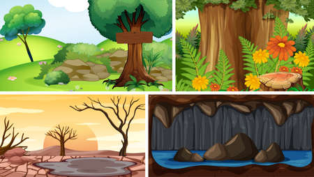 Four different nature scene of forest and cave cartoon style illustrationのイラスト素材