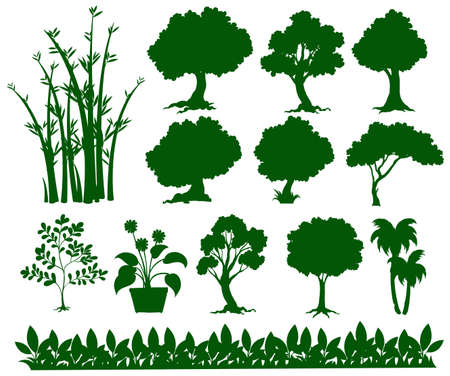 Set of tree and plant in green silhouette illustrationのイラスト素材