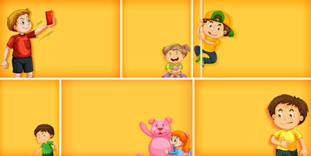 Set of different kid characters on yellow color background illustrationのイラスト素材