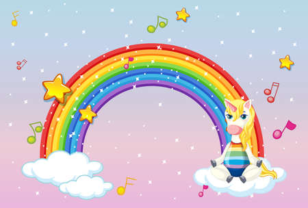 Blank banner with cute unicorn in the pastel sky background illustrationのイラスト素材