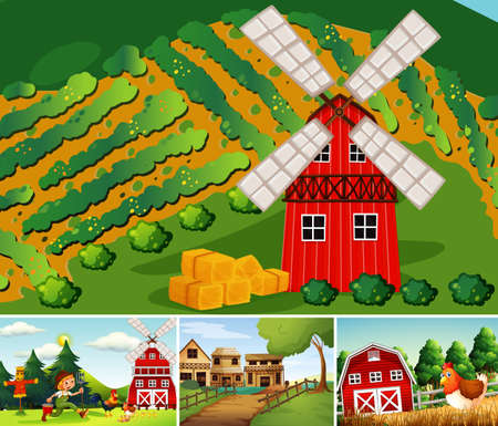 Set of different farm scenes cartoon style illustrationのイラスト素材