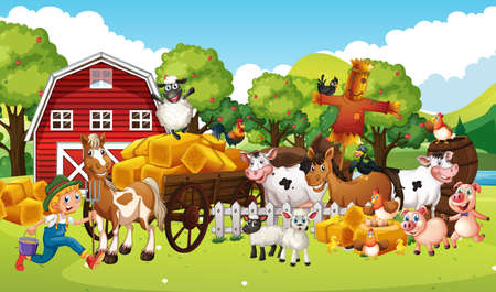 Farm in nature scene with horse drawn vehical and animal farm  illustrationのイラスト素材
