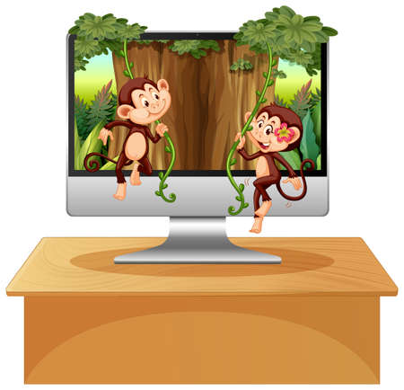Jungle theme on computer background illustrationのイラスト素材