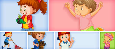 Set of different kid characters on different color background illustrationのイラスト素材