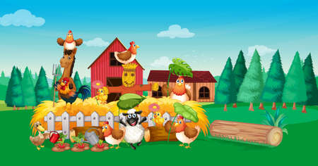 Farm scene with animal farm cartoon style illustrationのイラスト素材